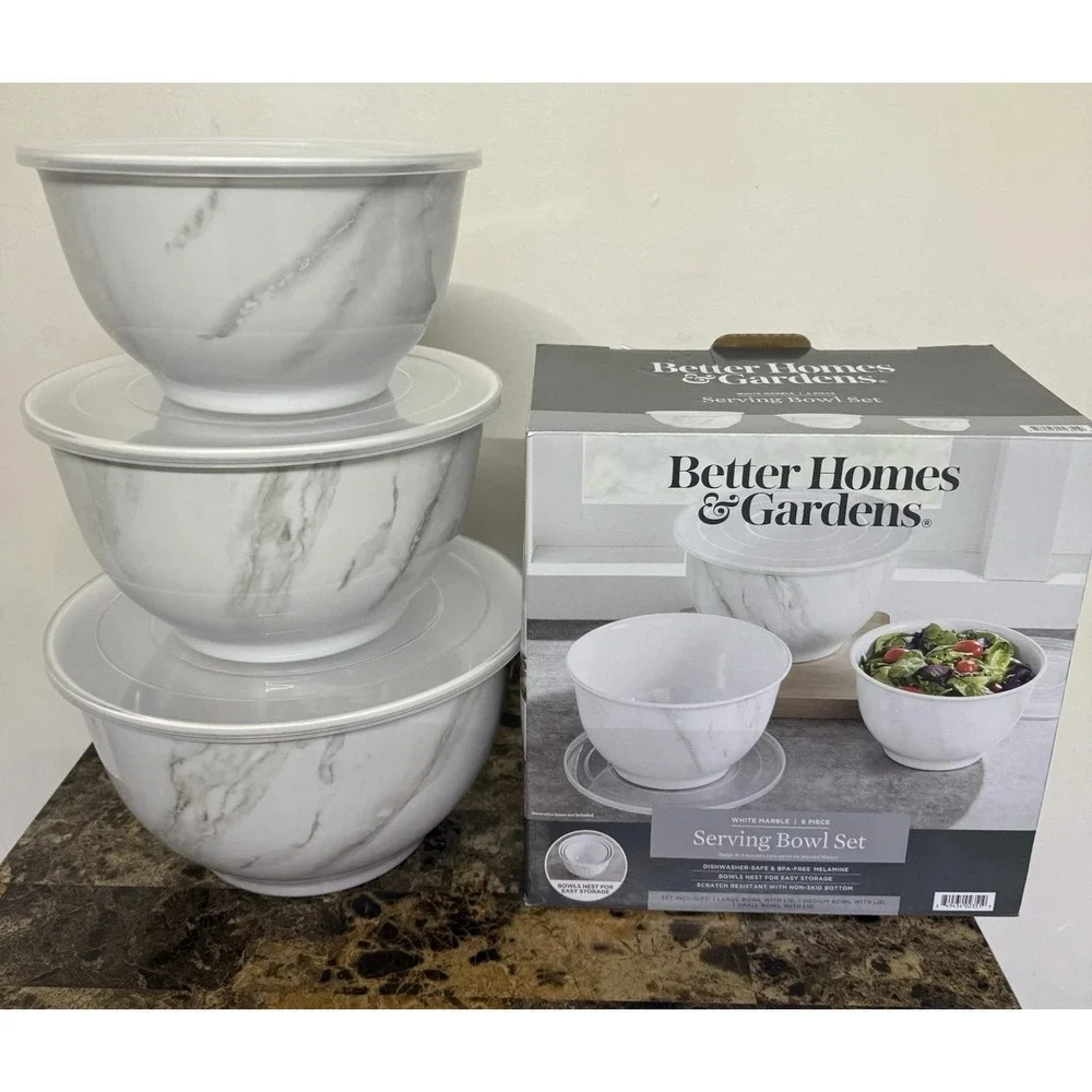Better Homes & Gardens White Marble 6 Piece Melamine Serving Bowl Set with Lids